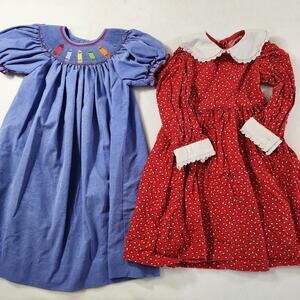 Bundle Vtg Smocked Blue School Dress & Christmas 90s 3T Girls Cottage Lot
